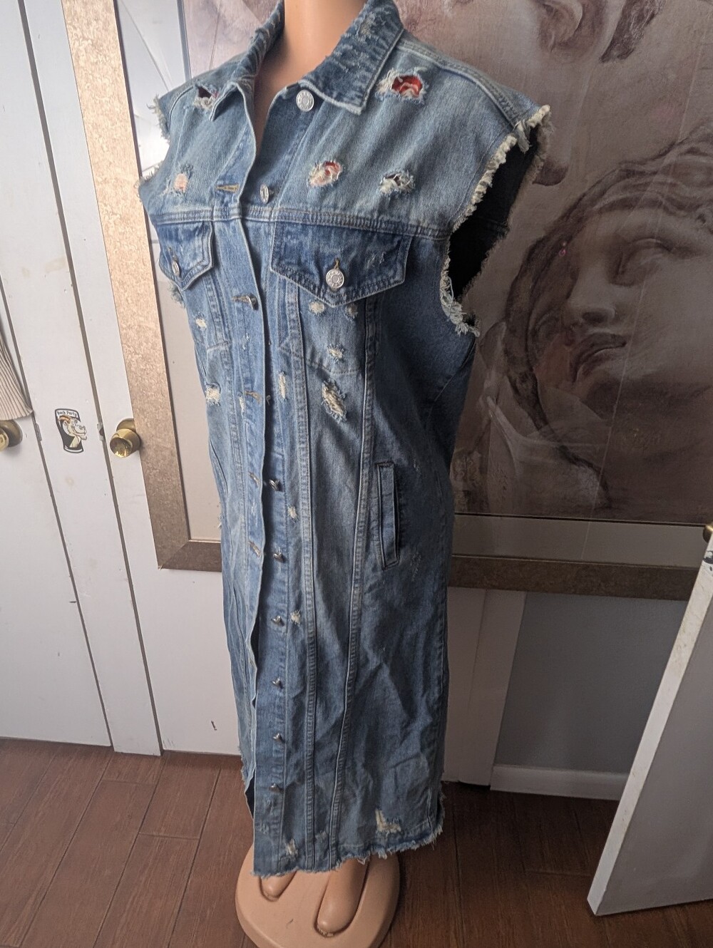 Veveret Sleeveless Longline Denim Duster Vest Edgy Distressed Trench Size M